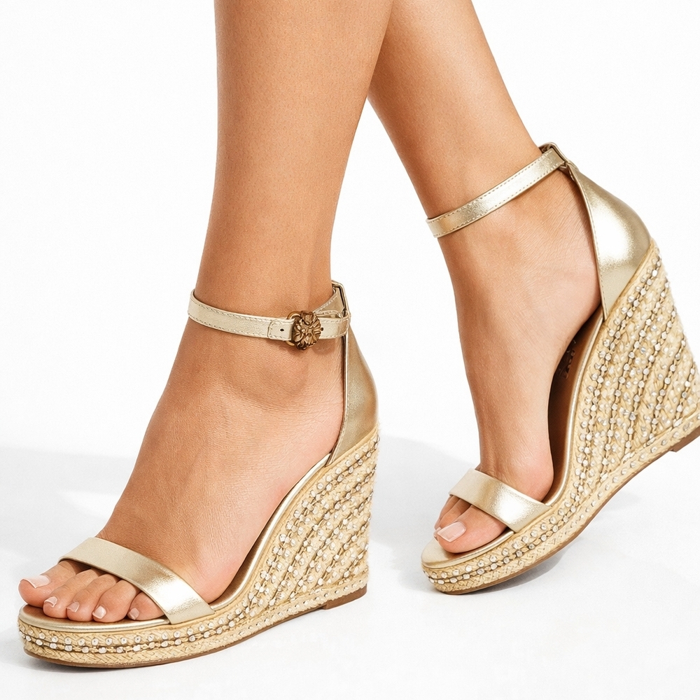 ✨ Kurt Geiger Gold Espadrille Wedge Sandals Rhinestone Size 8